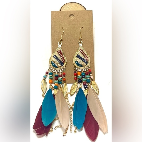 NEW! Multicolor Boho Beaded and Feathered Earrings. - Picture 1 of 3